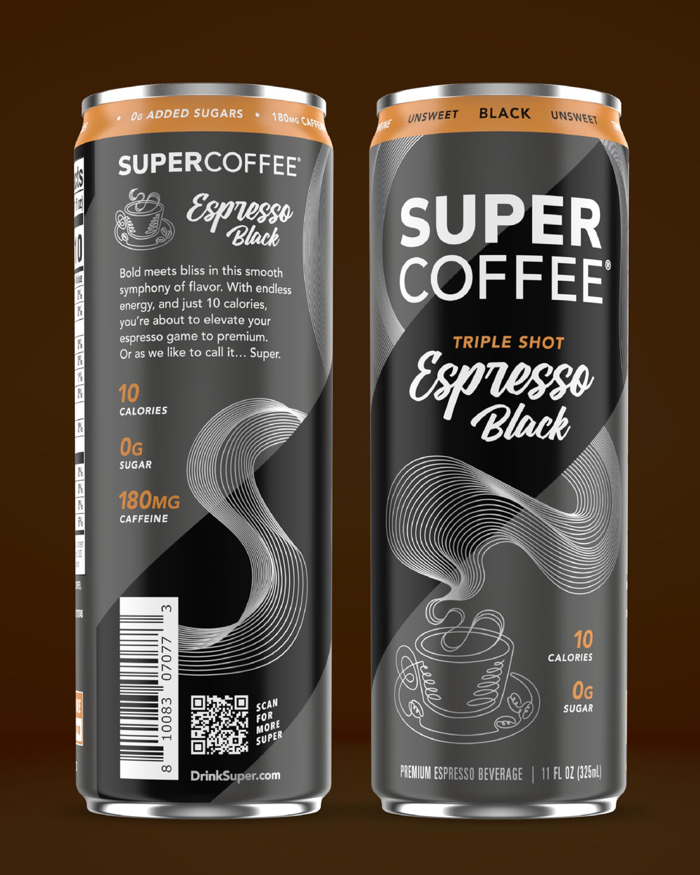 Super Coffee Espresso on ice with can for a refreshing, low-sugar energy boost.