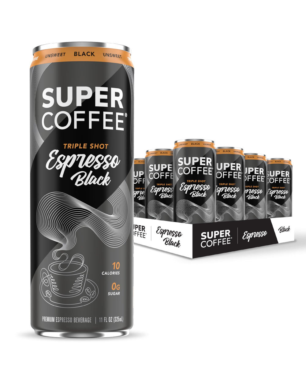 Super Coffee Espresso triple-shot can front view boosts focus with zero added sugar.