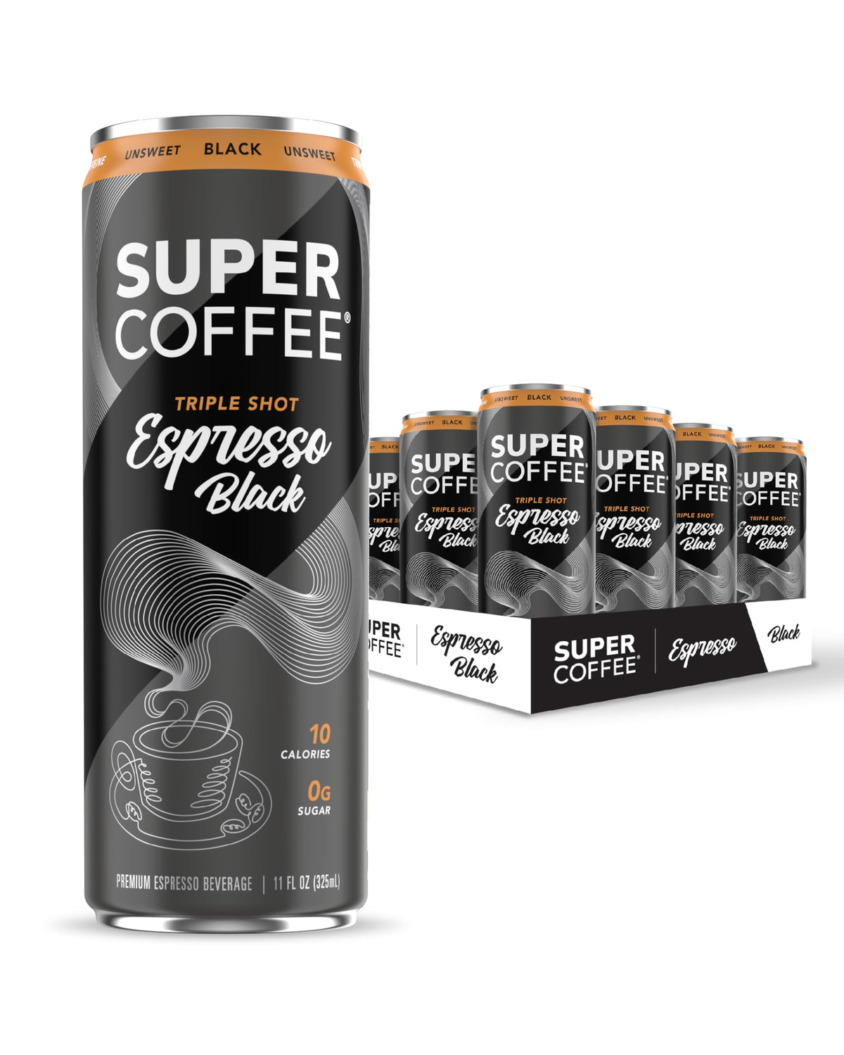 Super Coffee Espresso triple-shot can front view boosts focus with zero added sugar.