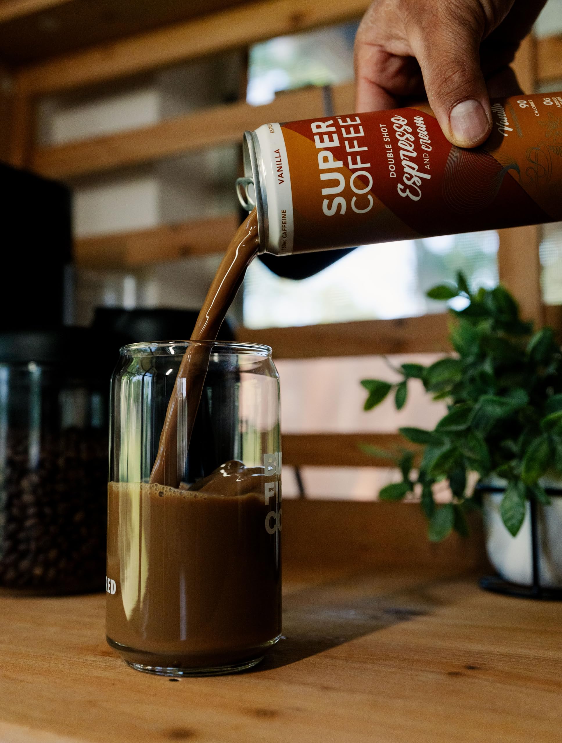 Super Coffee Espresso twelve-pack box suggests easy weekly supply and shareable energy.