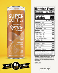SIDE view of SUPER COFFEE Espresso Vanilla can highlighting packaging