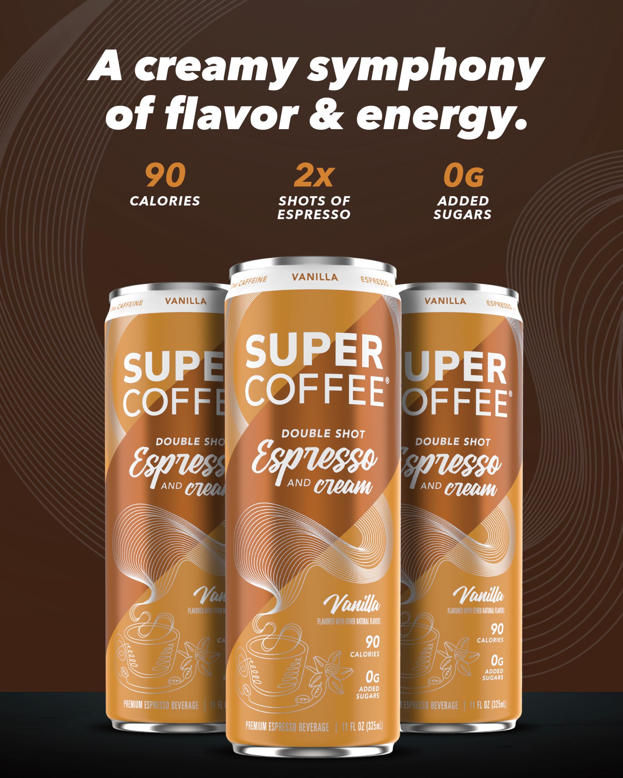 Close-up of label on SUPER COFFEE Espresso Vanilla can with nutrition details