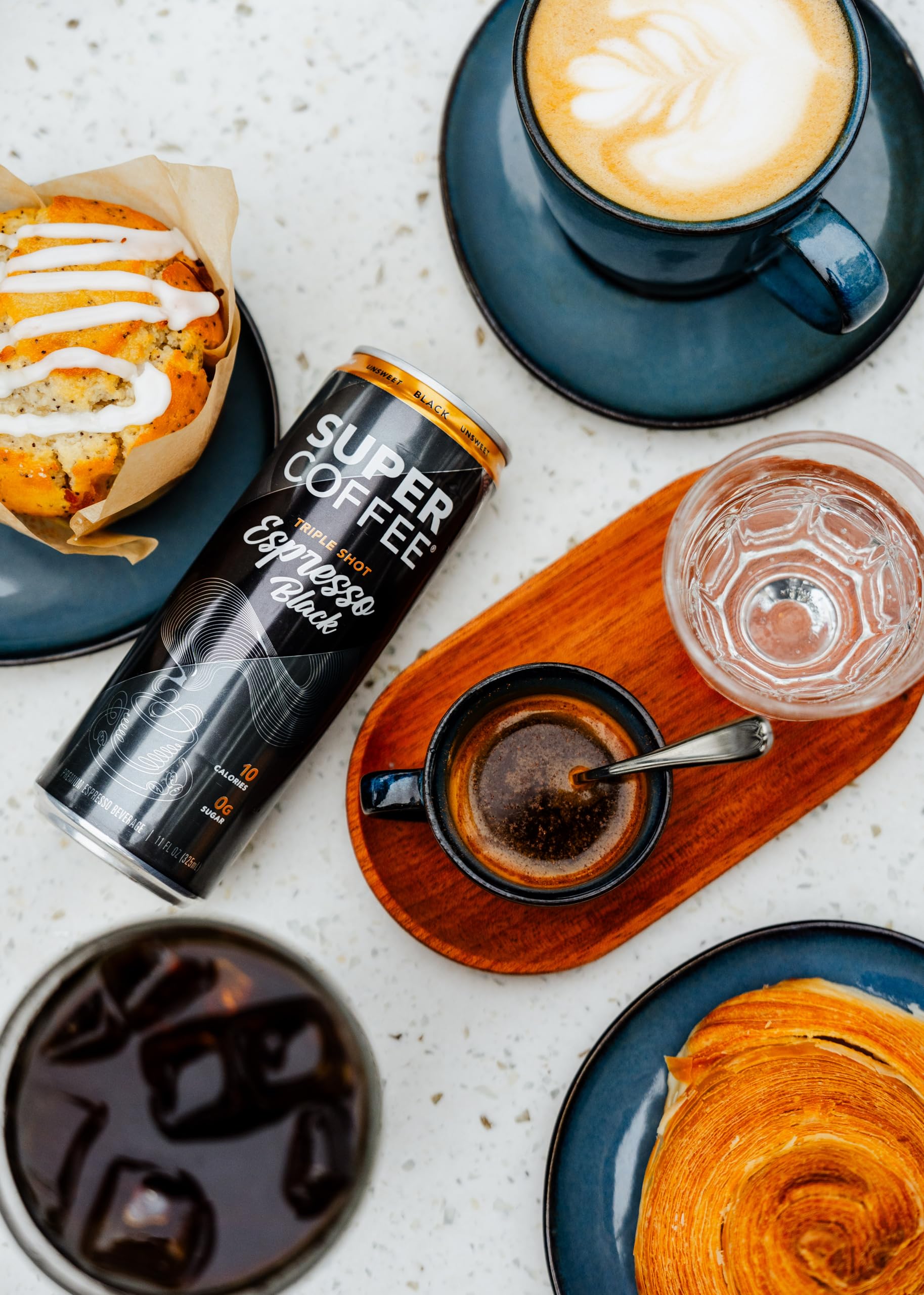 Super Coffee Espresso zero sugar label signals guilt-free, quick caffeine boost.