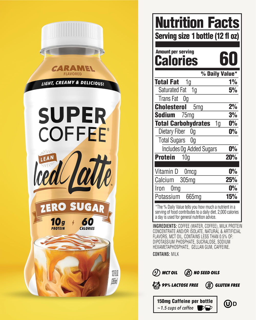 SUPER COFFEE iced coffee bottle with caramel flavor and protein lift