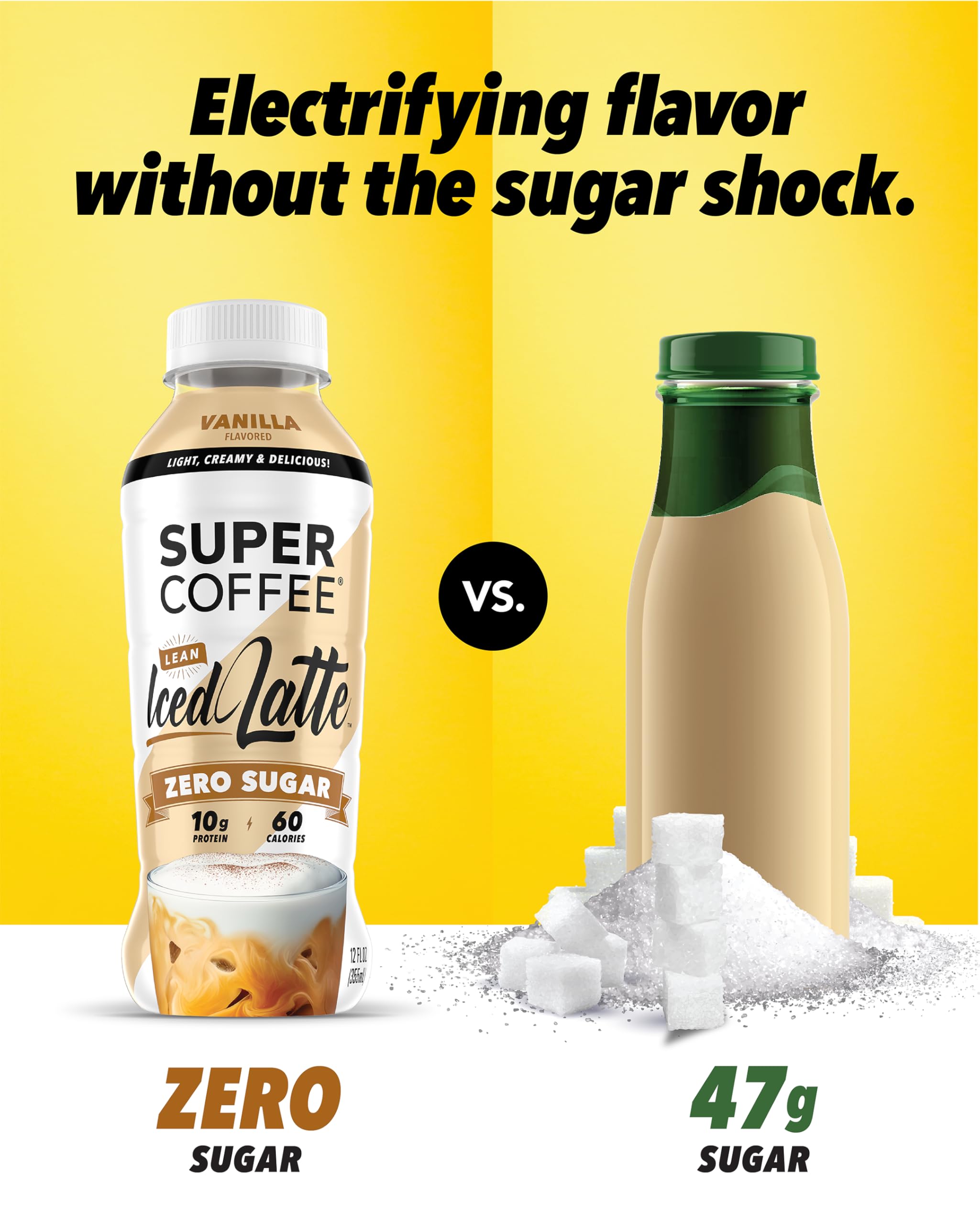 Super Coffee bottle shows lactose-free, gluten-free, soy-free badges