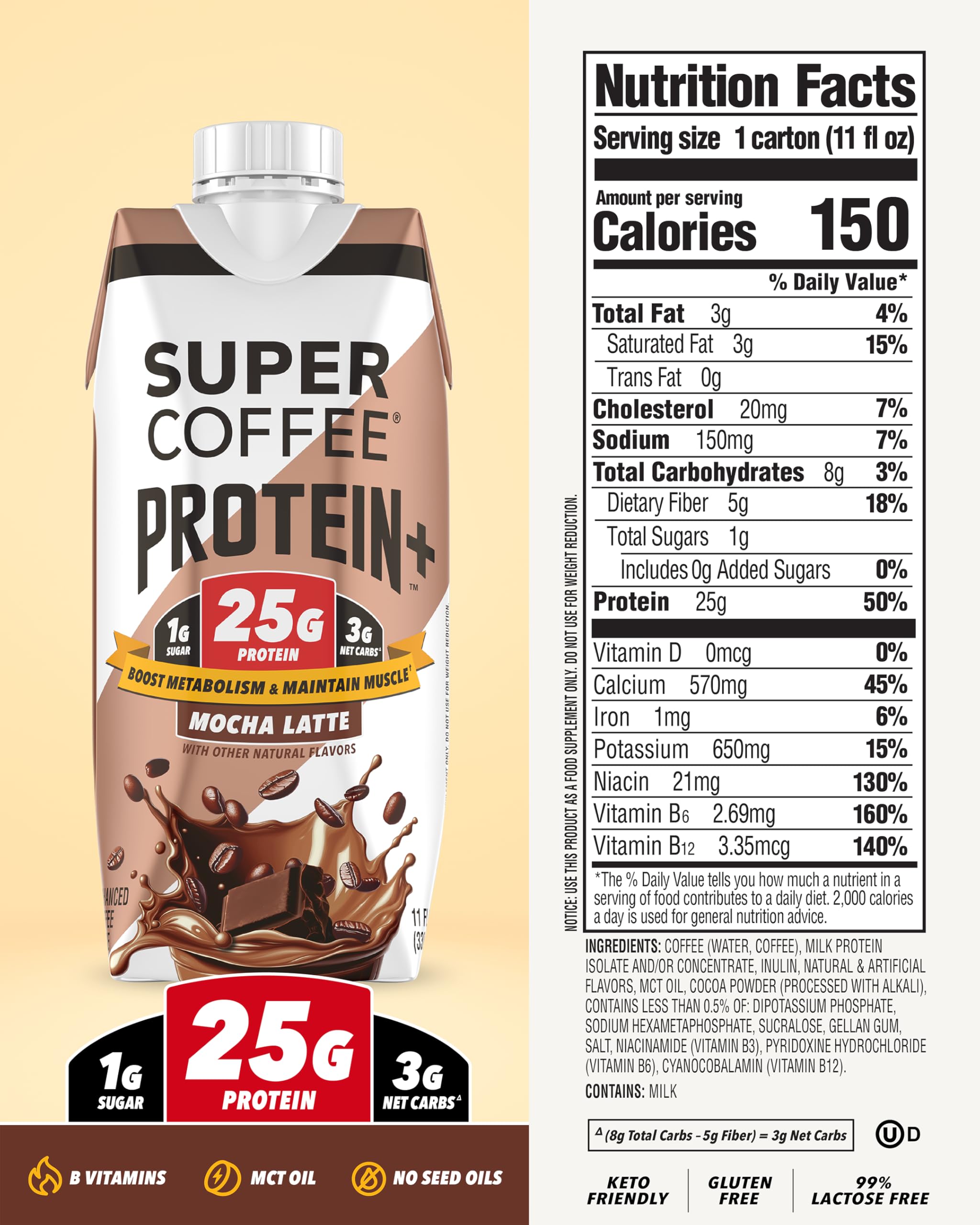 SUPER COFFEE+ Keto Mocha 11 oz bottle on ice with keto-friendly label.