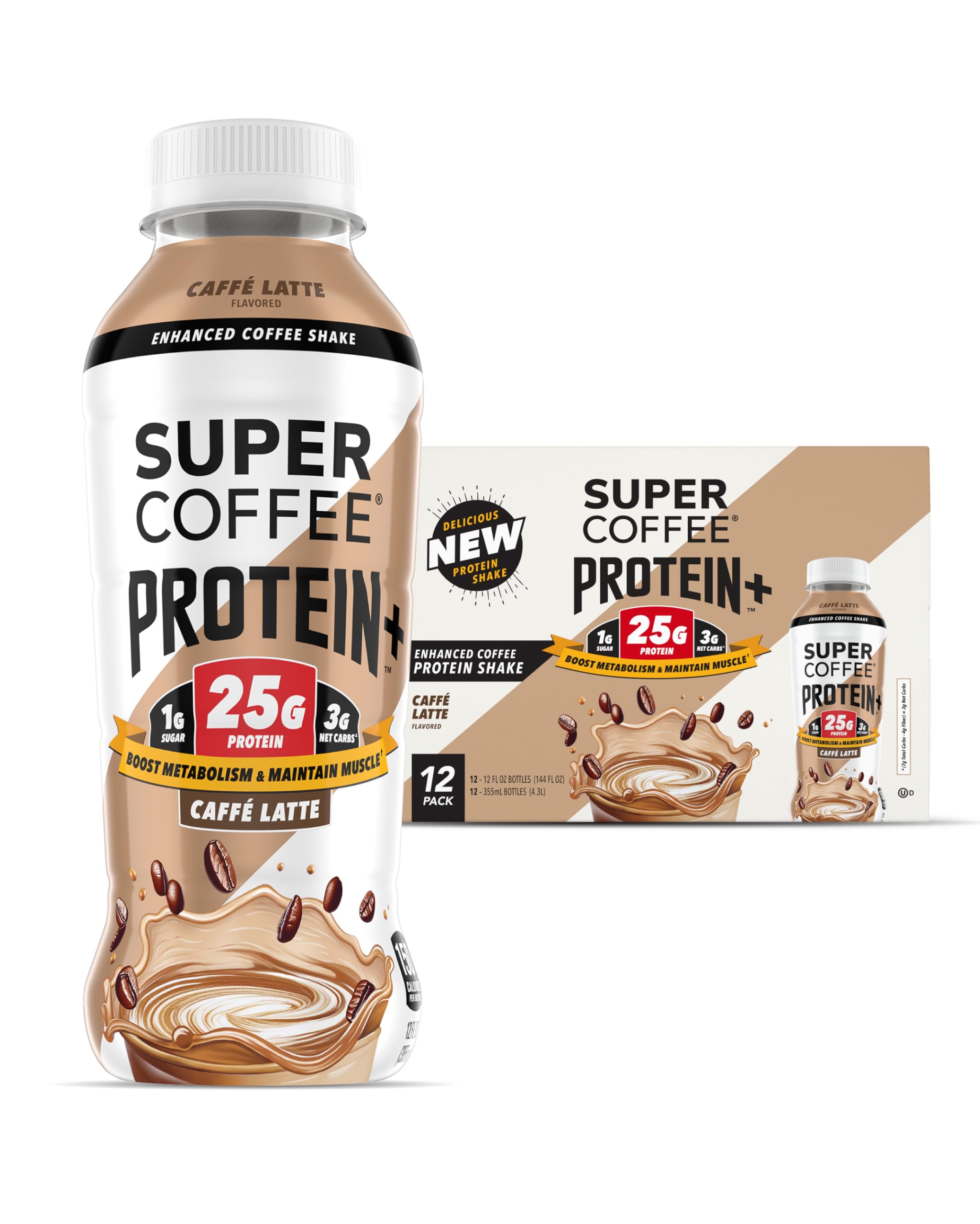 SUPER COFFEE Protein+ bottle pouring, showcasing bold aroma and protein boost