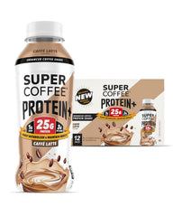 SUPER COFFEE Protein+ bottle pouring, showcasing bold aroma and protein boost