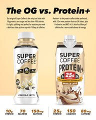 SUPER COFFEE+ Vanilla label close-up highlights protein and caffeine.