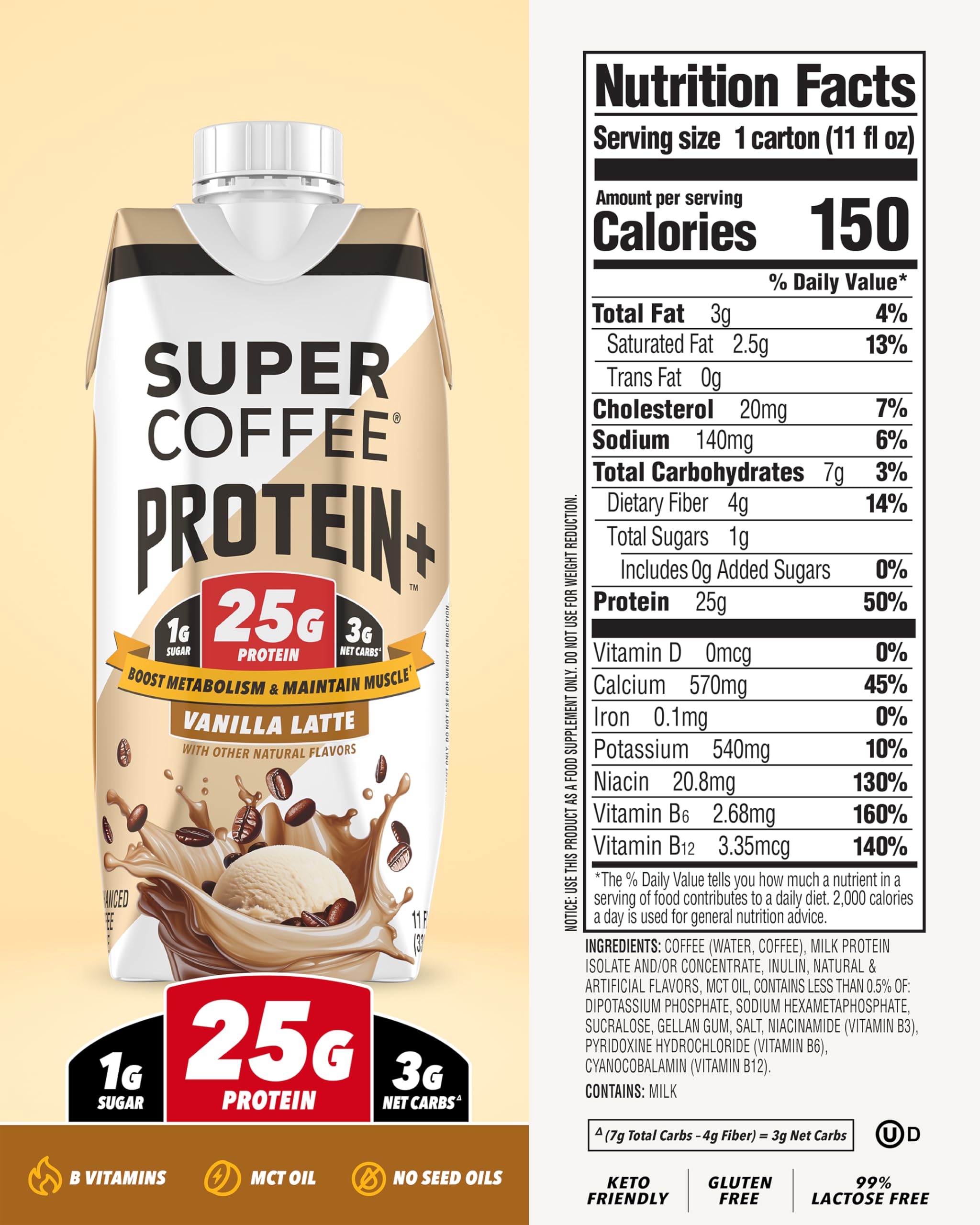SUPER COFFEE+ Vanilla pour into glass showing a protein boost.