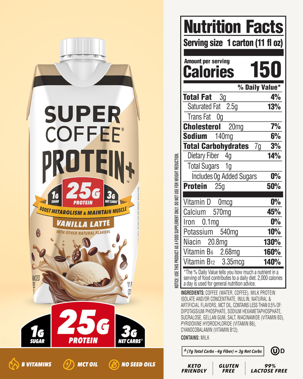 SUPER COFFEE+ Vanilla pour into glass showing a protein boost.
