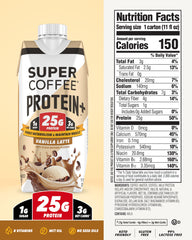 SUPER COFFEE+ Vanilla pour into glass showing a protein boost.