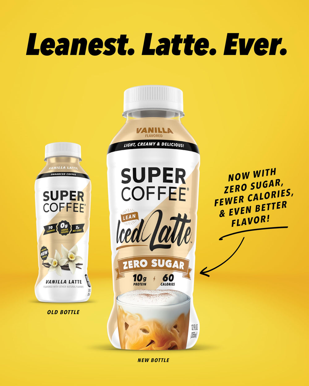 Bottle pouring a creamy Vanilla Latte for quick caffeine and protein hit