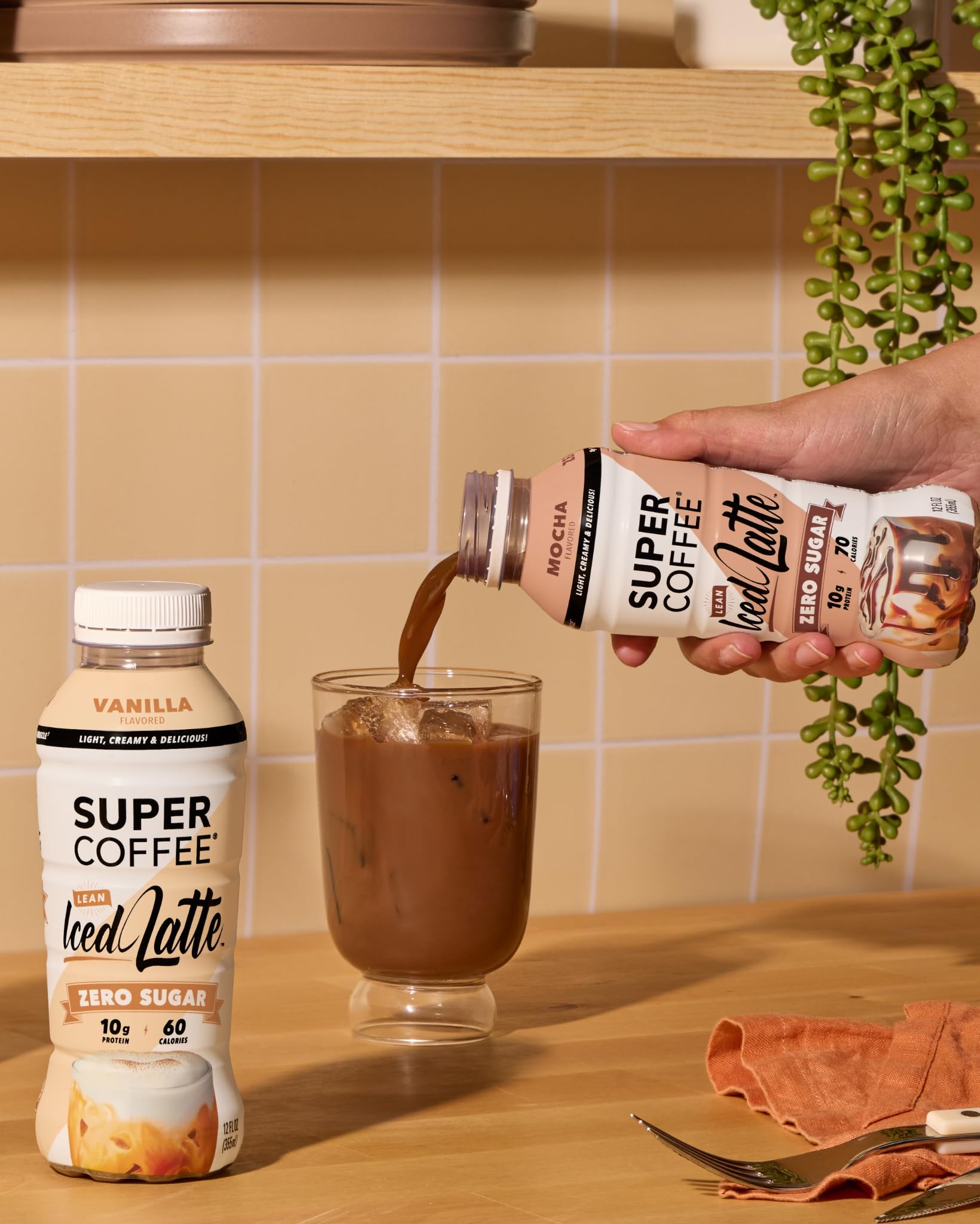 Refrigerated display of SUPER COFFEE Vanilla Latte ready to enjoy