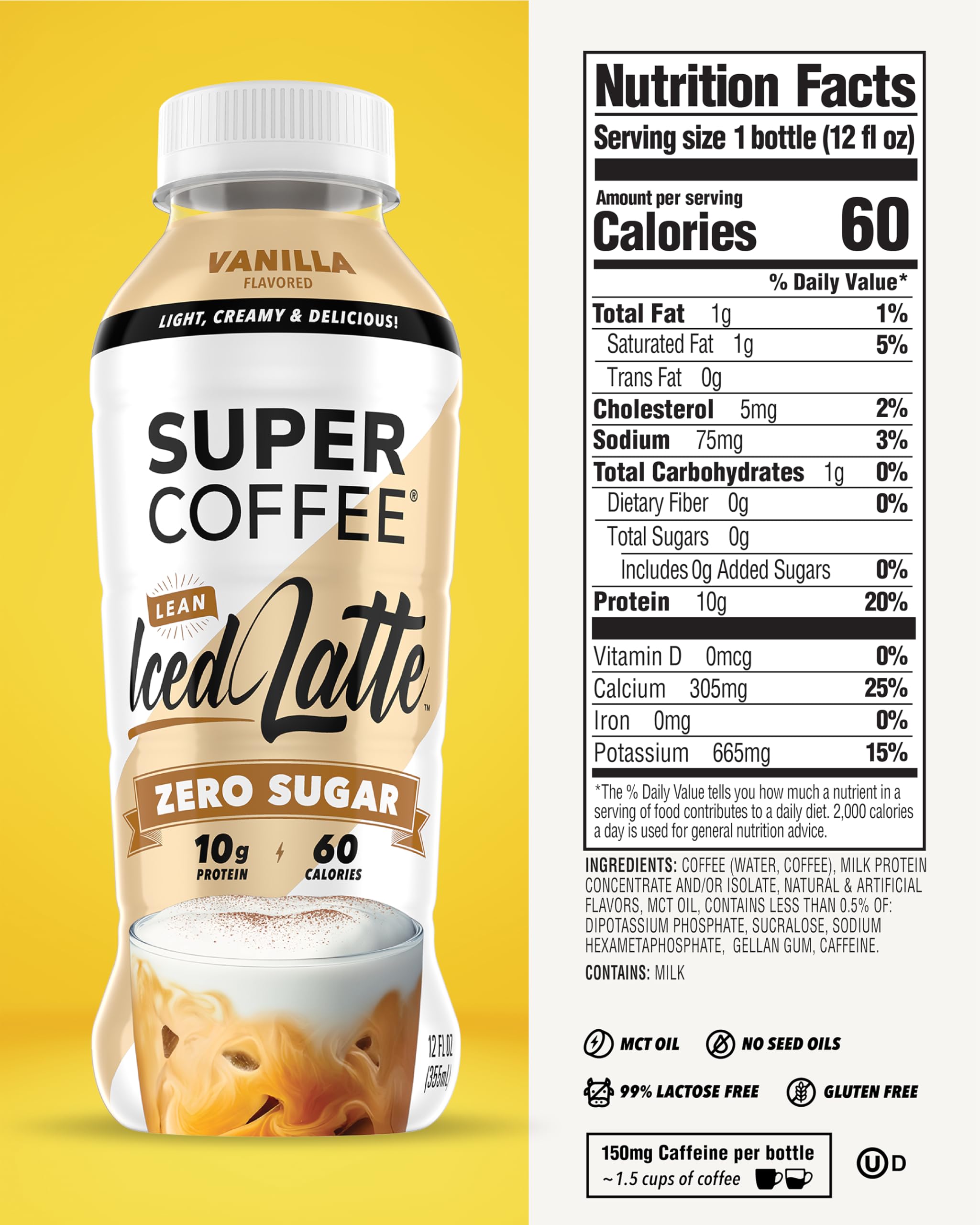 Pack of 12 SUPER COFFEE Vanilla Latte bottles for on-the-go energy