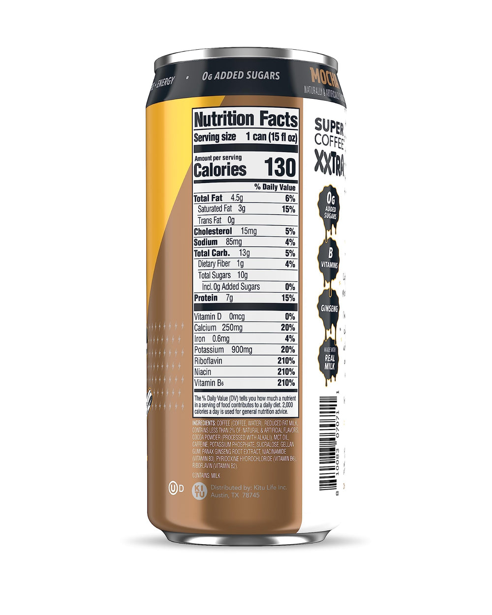 Super Coffee XXTRA mocha B-vitamins chart, energized daytime routine