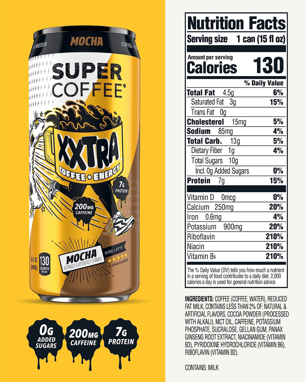 Super Coffee XXTRA mocha label closeup, premium branding invites a sip
