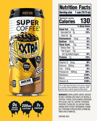 Super Coffee XXTRA mocha label closeup, premium branding invites a sip