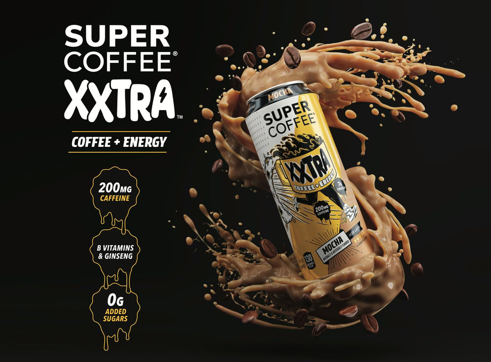 Super Coffee XXTRA mocha mug setup, ready-to-drink convenience for on-the-go