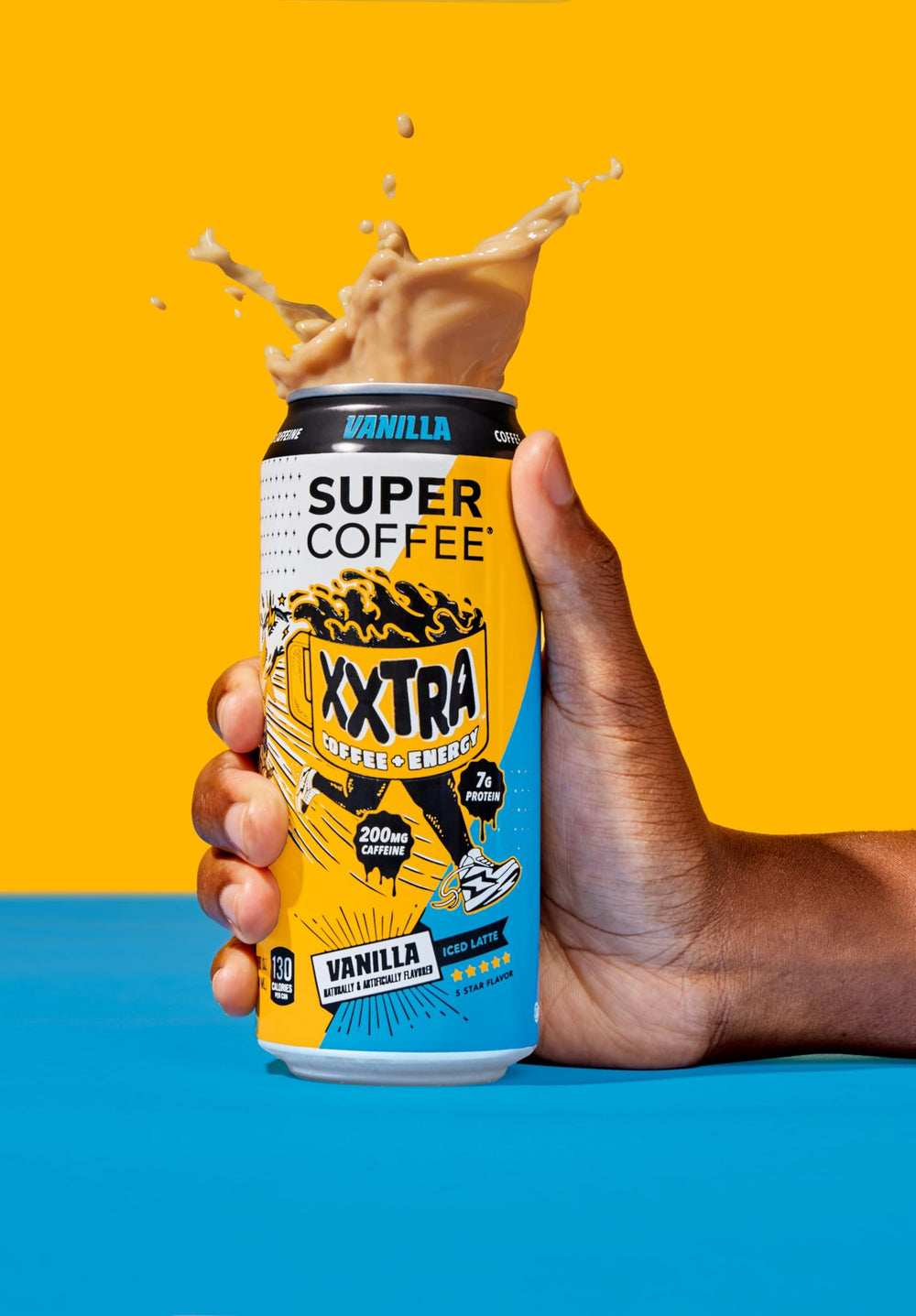 Super Coffee XXTRA 12-pack packaging sits on a fridge shelf.