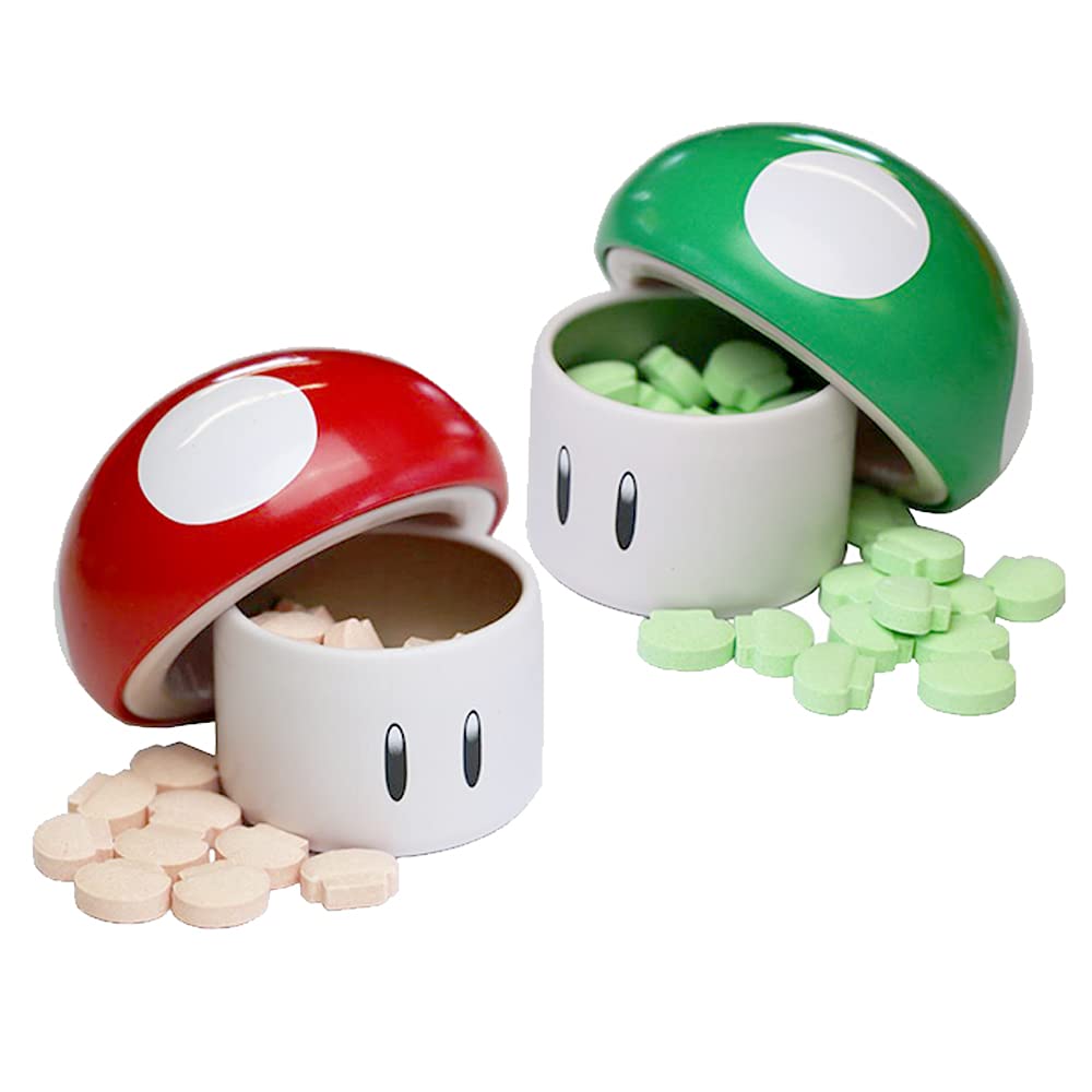 Super Mario Bros mushroom tin with sour candy, collectible and reusable.