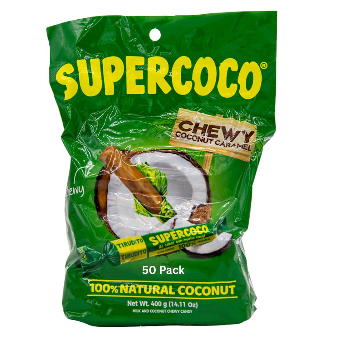 Supercoco Tirudito pack shot 400g showing 50 individually wrapped coconut candies for sharing.