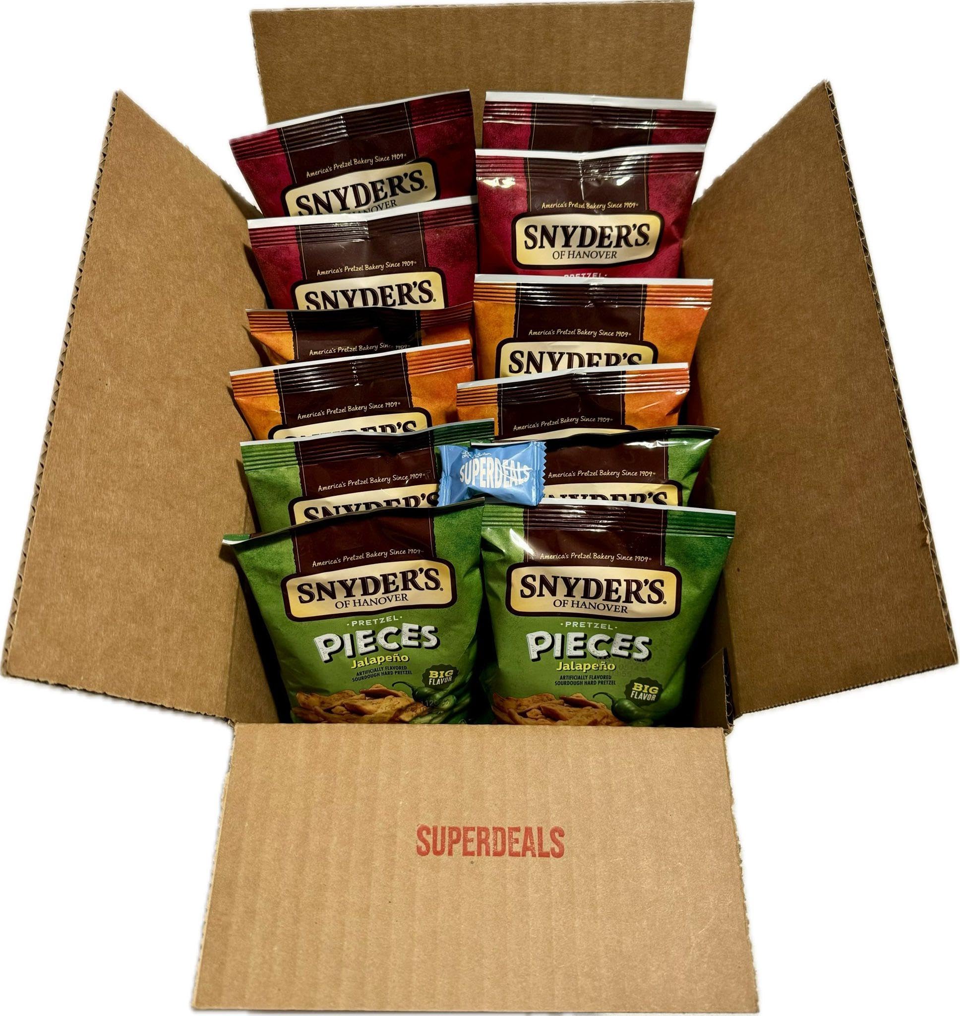 SUPERDEALS Snyder's pretzel pieces closeup highlights rugged crunch and seasoned surface.