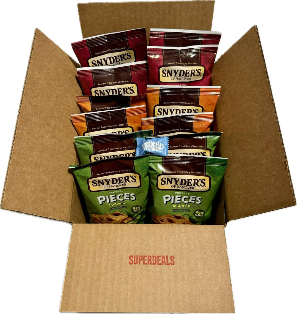 SUPERDEALS Snyder's pretzel pieces closeup highlights rugged crunch and seasoned surface.