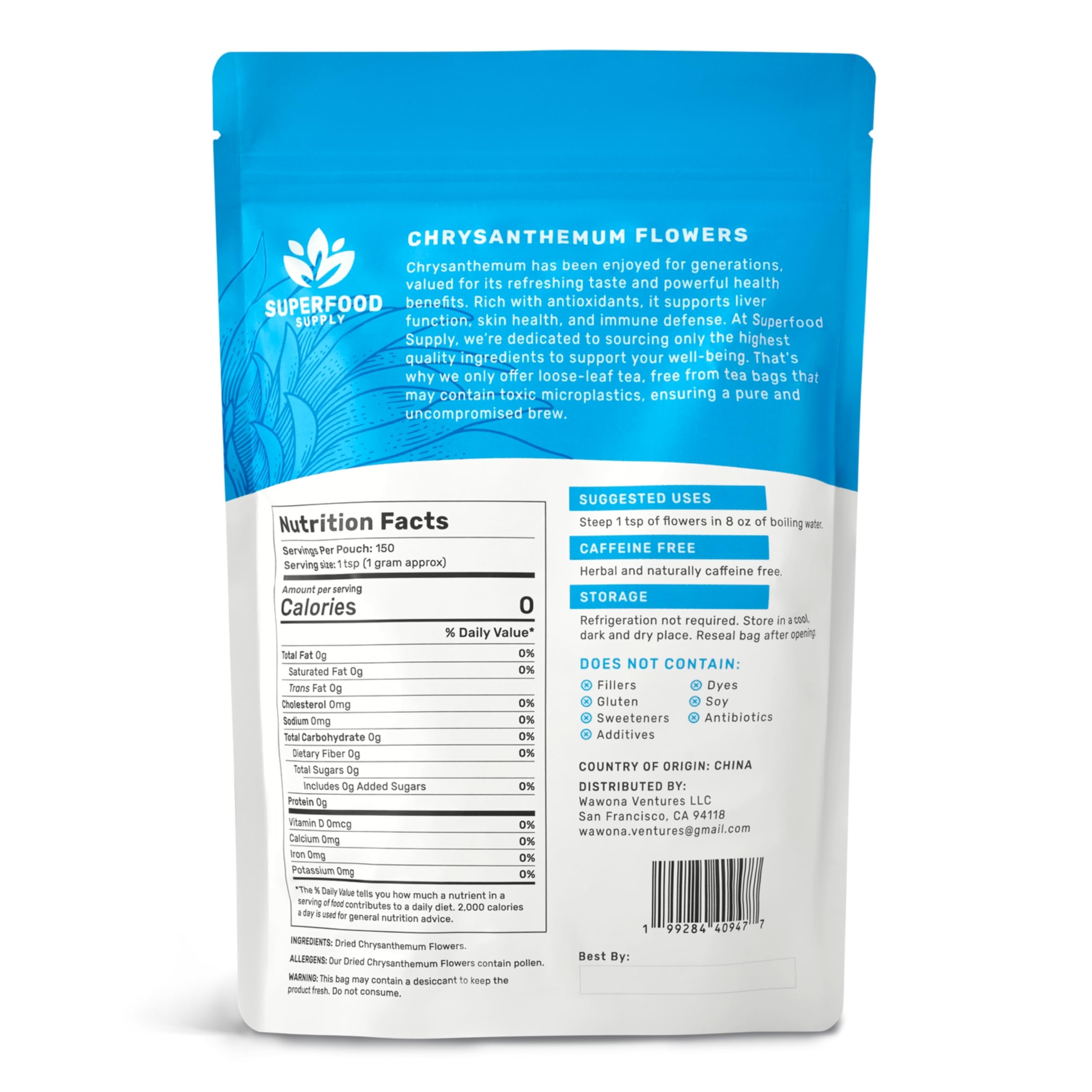 Superfood Supply chrysanthemum tea brew reveals a golden infusion with subtle floral aroma.