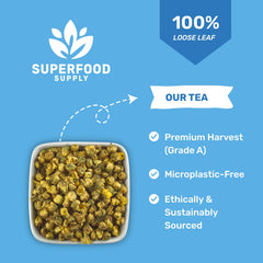 Superfood Supply chrysanthemum tea golden liquor enhances hot or cold servings with gentle notes.