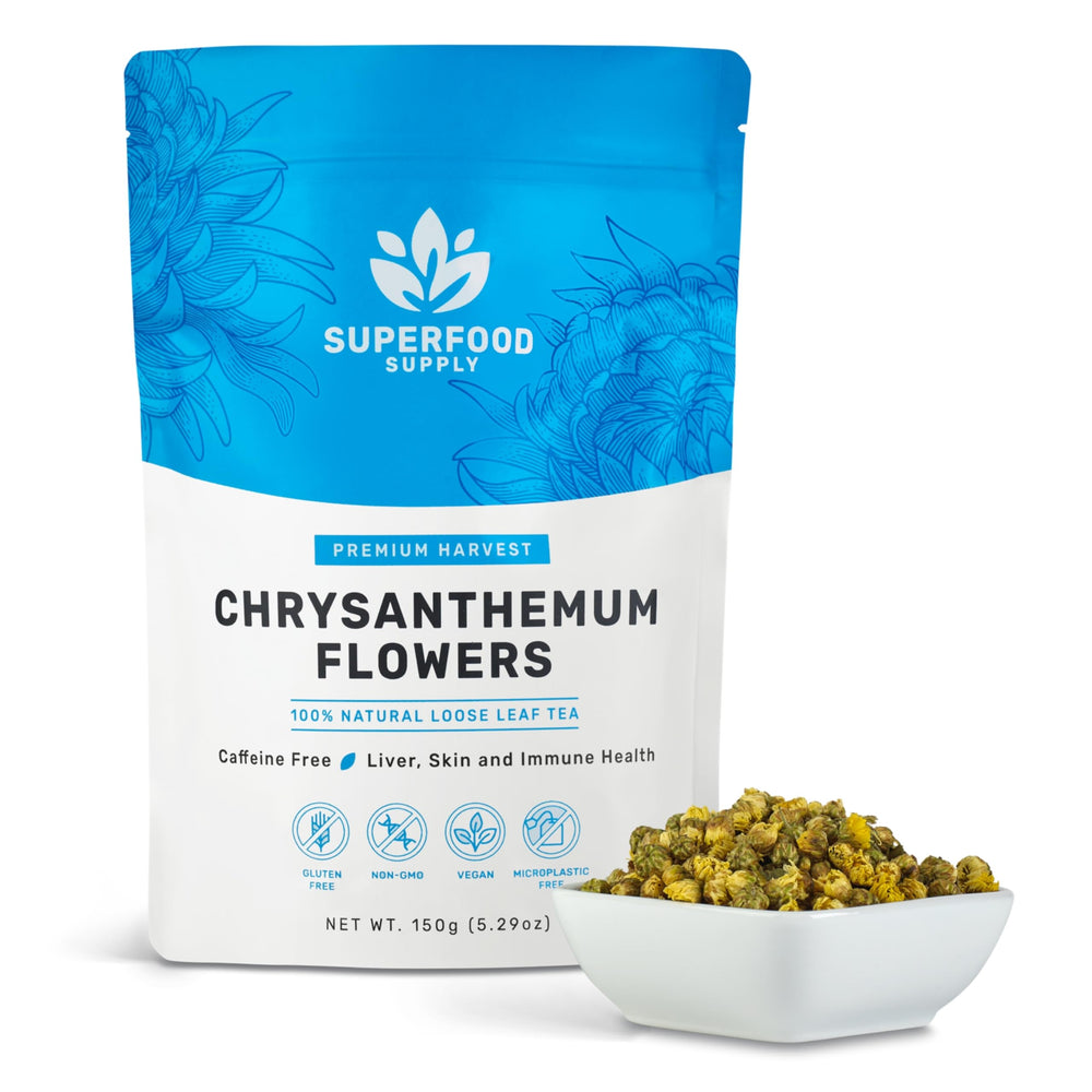 Superfood Supply chrysanthemum tea packaging preserves freshness for day-long caffeine-free sipping.