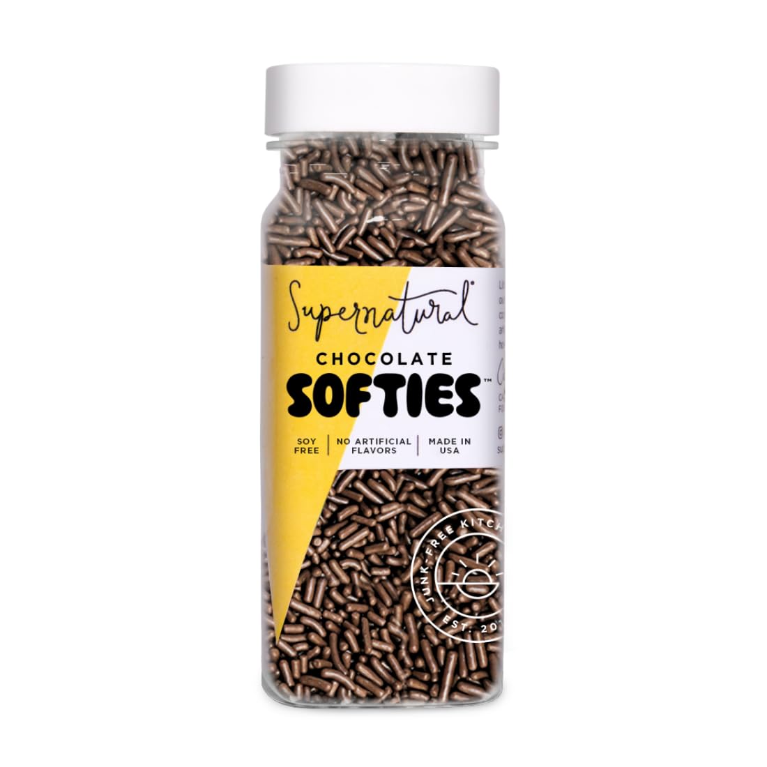 Supernatural Chocolate Softies Sprinkles packaging highlights USA-made quality and fair trade origins.