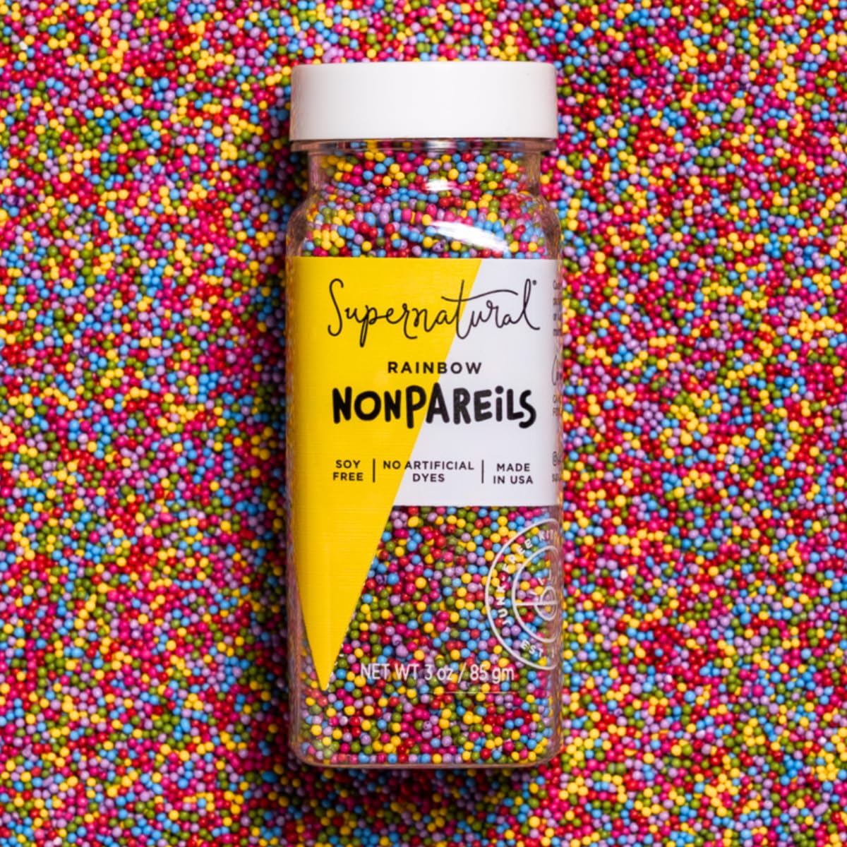 Supernatural Rainbow Nonpareils packaging shows dye-free, plant-based colors