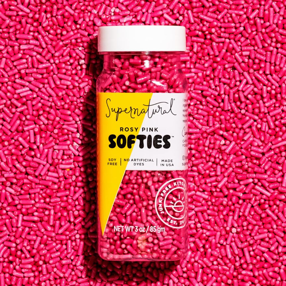 Supernatural Rosy Pink Softies bottle closeup with dye-free, plant-based colors.