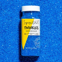 Supernatural Twinkles Sapphire Blue packshot shows a dye-free vegan sprinkles for decorating baked goods.