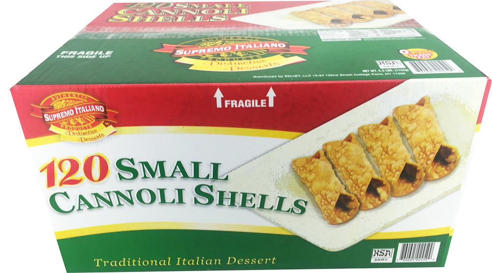 Supremo Italiano 120 small cannoli shells, boxed and ready for quick dessert assembly.
