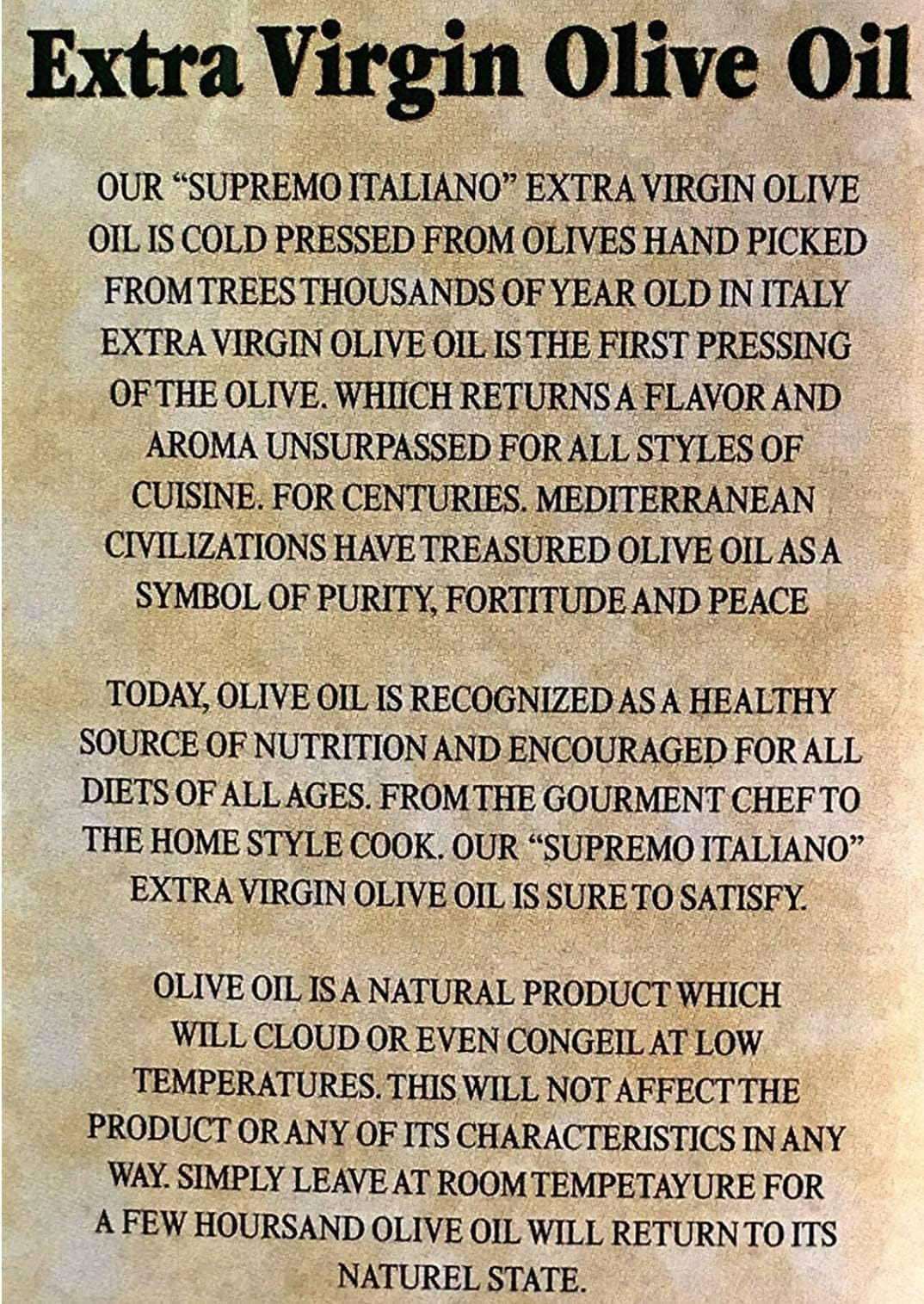 Supremo Italiano olive oil 3L can back label displaying storage tips.