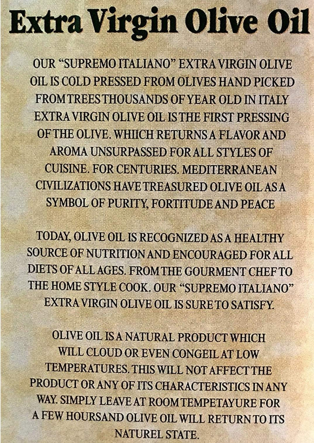Supremo Italiano olive oil 3L can back label displaying storage tips.