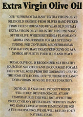 Supremo Italiano olive oil 3L can back label displaying storage tips.
