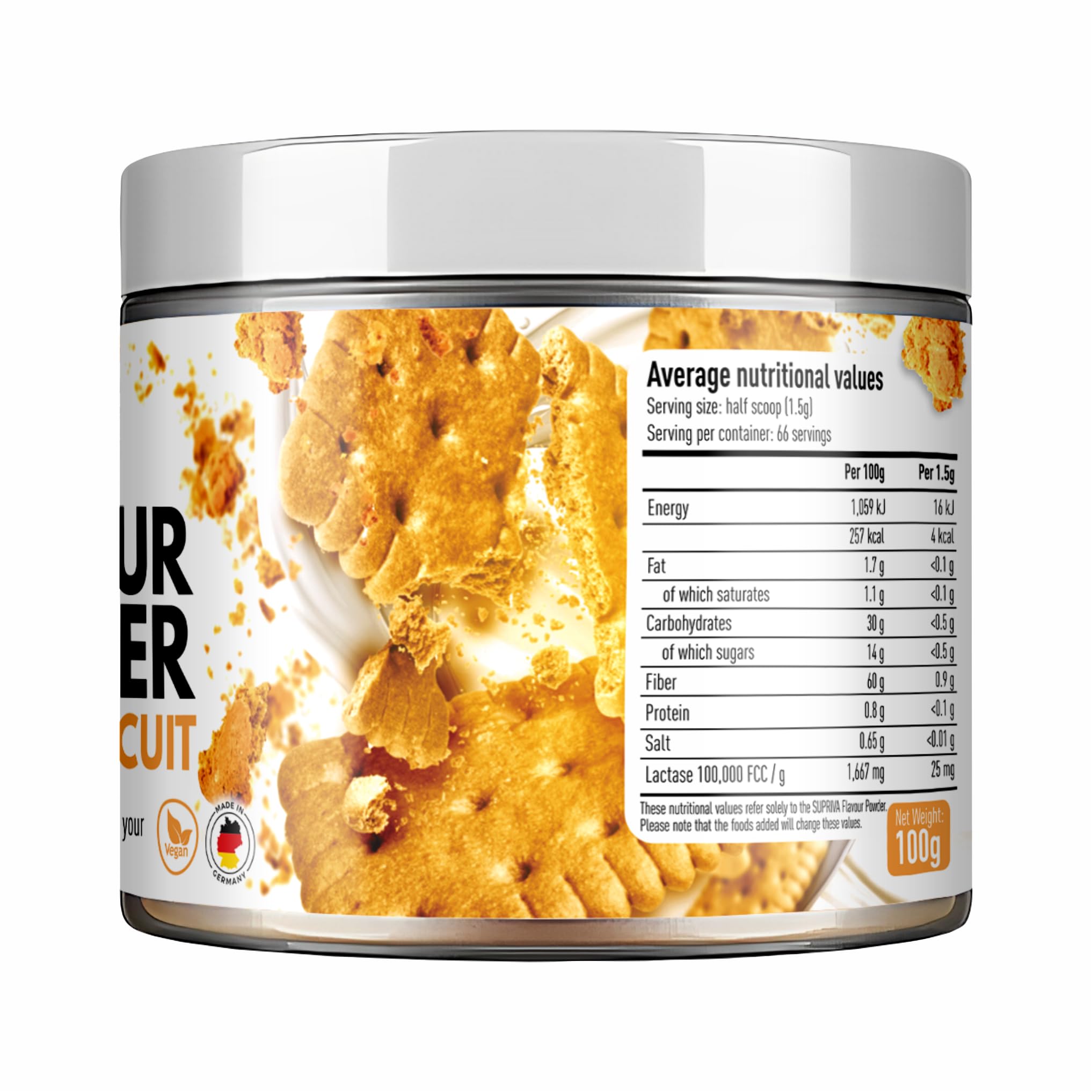 SUPRIVA Flavor Powder packaging highlights German-made quality