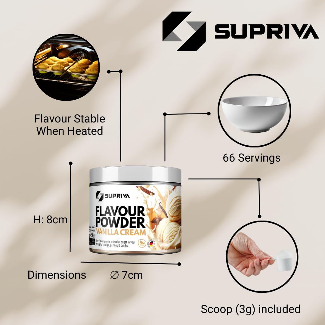 SUPRIVA Flavor Powder Vanilla Cream ingredients closeup highlighting inulin fiber.