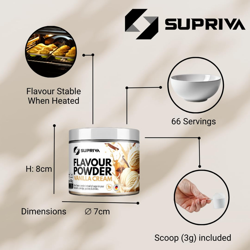 SUPRIVA Flavor Powder Vanilla Cream ingredients closeup highlighting inulin fiber.