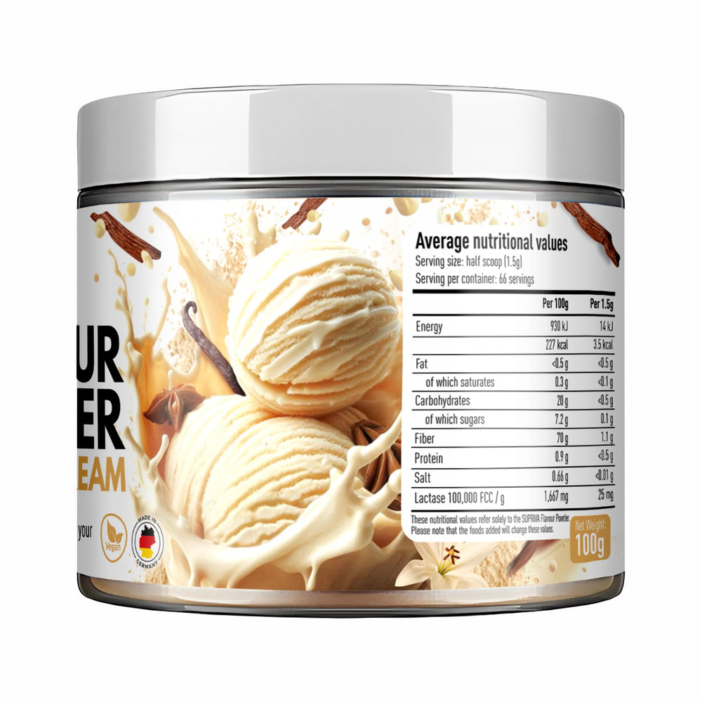 SUPRIVA Flavor Powder Vanilla Cream packaging on shelf signals premium German quality.