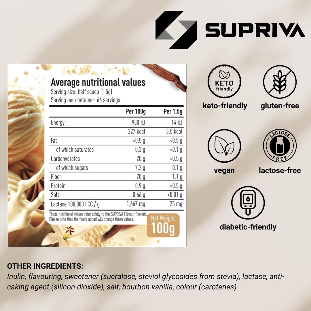 SUPRIVA Flavor Powder Vanilla Cream scoop dispenses into a shake for flavor boost.