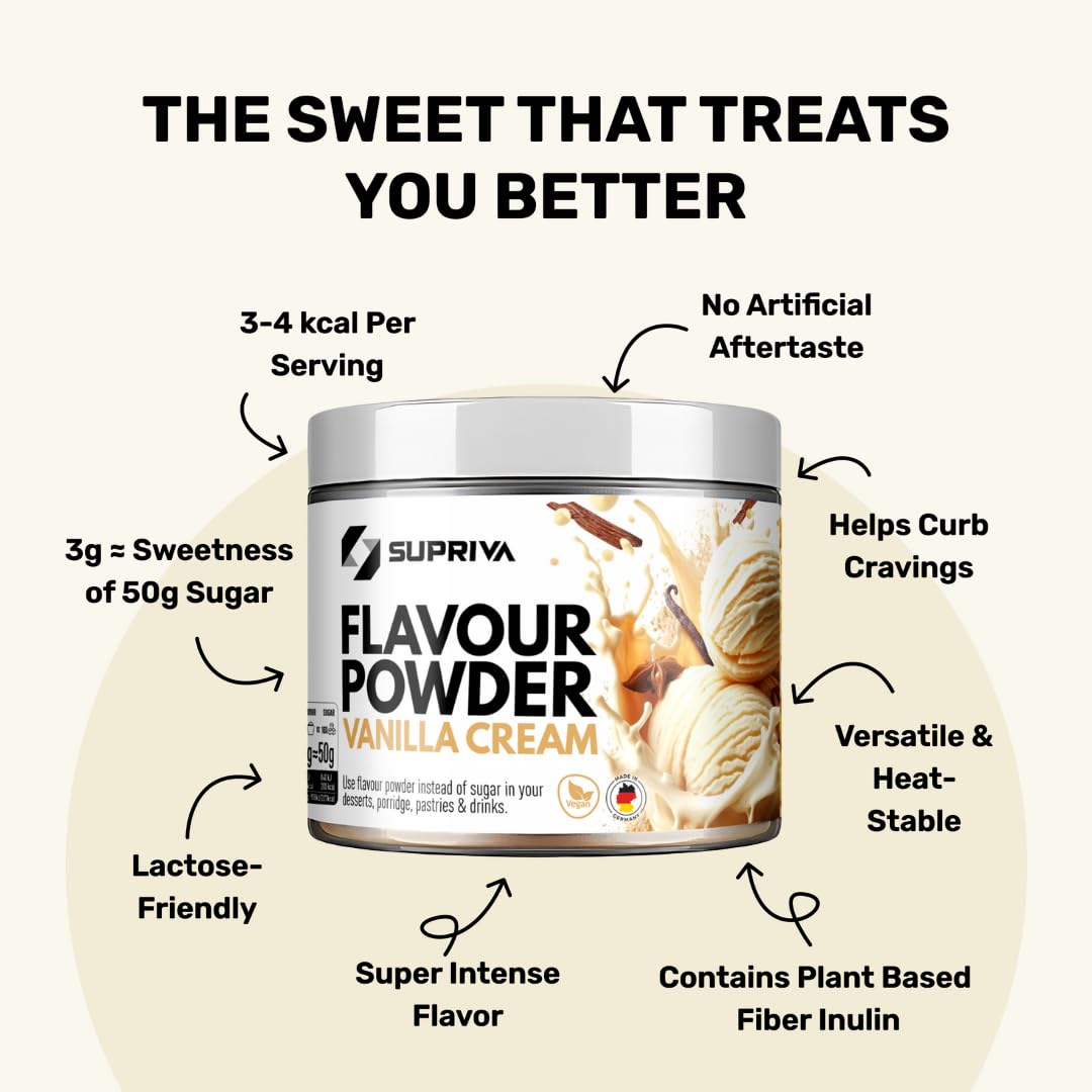 SUPRIVA Flavor Powder Vanilla Cream shake with smooth, sugar-free sweetness.