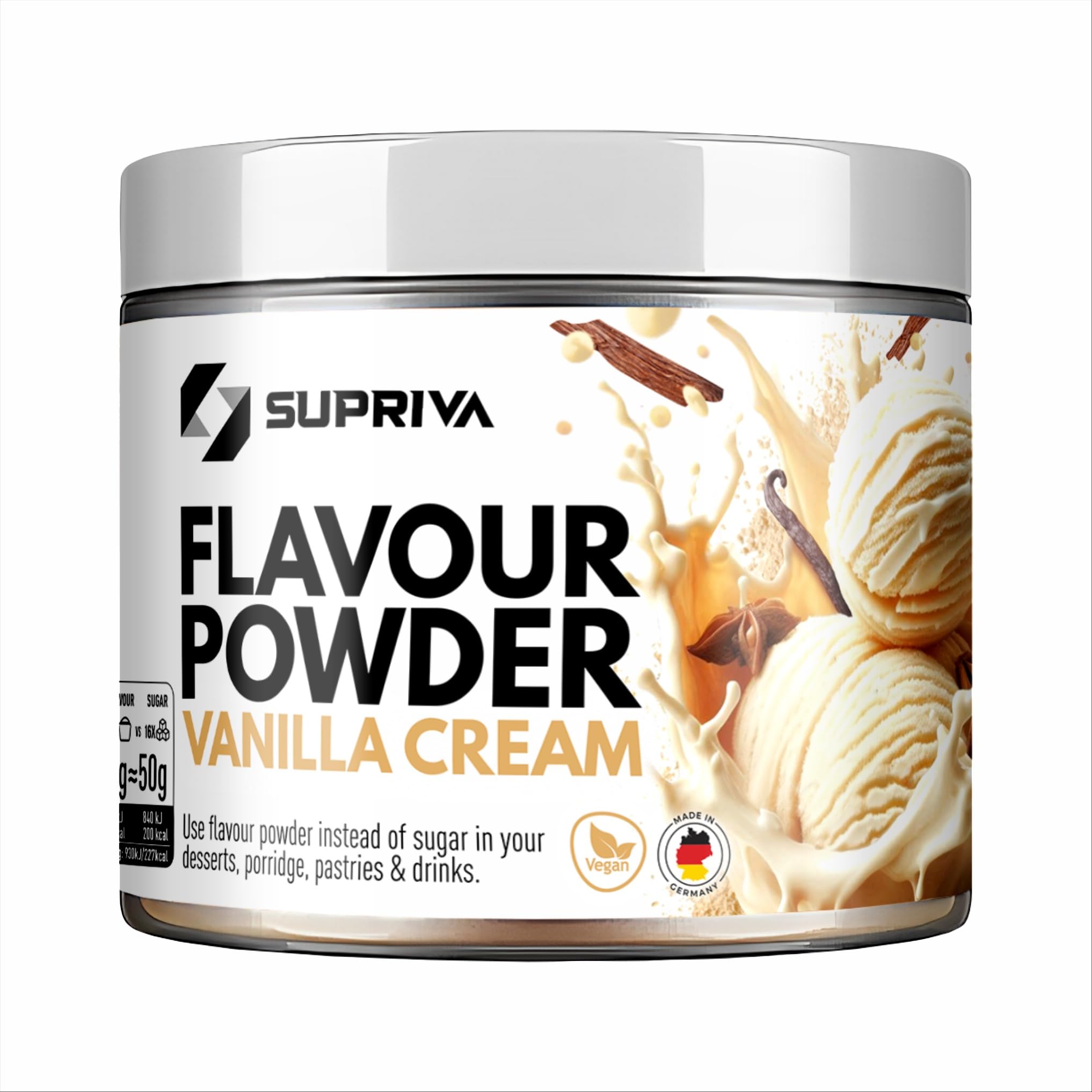 SUPRIVA Flavor Powder Vanilla Cream tub closeup shows low-calorie sweetness for snacks.