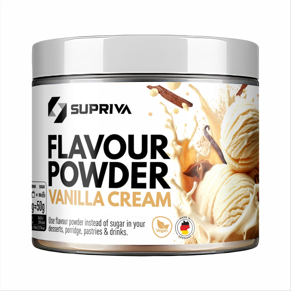 SUPRIVA Flavor Powder Vanilla Cream tub closeup shows low-calorie sweetness for snacks.