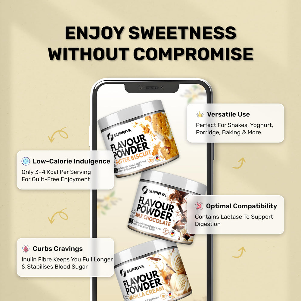 SUPRIVA Flavor Powder stirred into yogurt for extra flavor and fiber