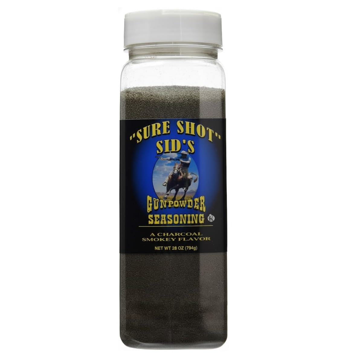 Sure Shot Sid’s Gunpowder Seasoning jar front boosts smoky flavor in meats.