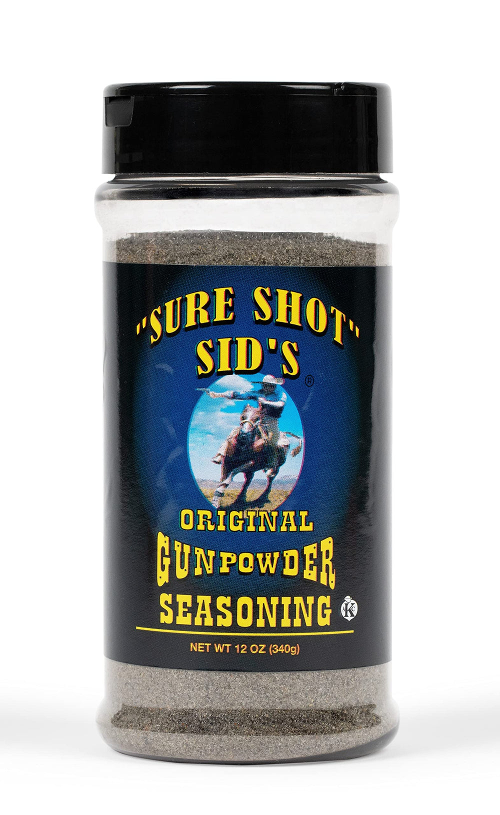 Sure Shot Sid’s Original Gunpowder Seasoning bottle front view for smoky flavor enhancement